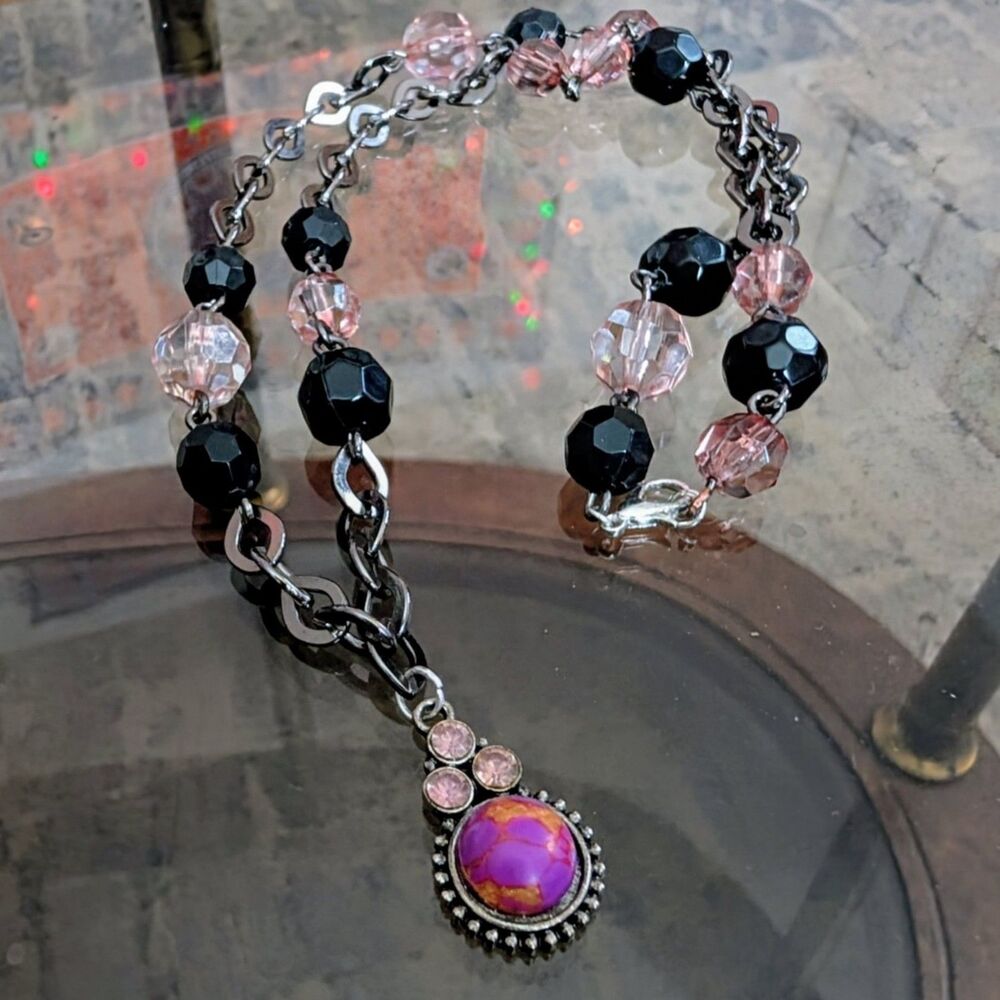 Y2K Pink and Black Crystal Whimsygoth Necklace